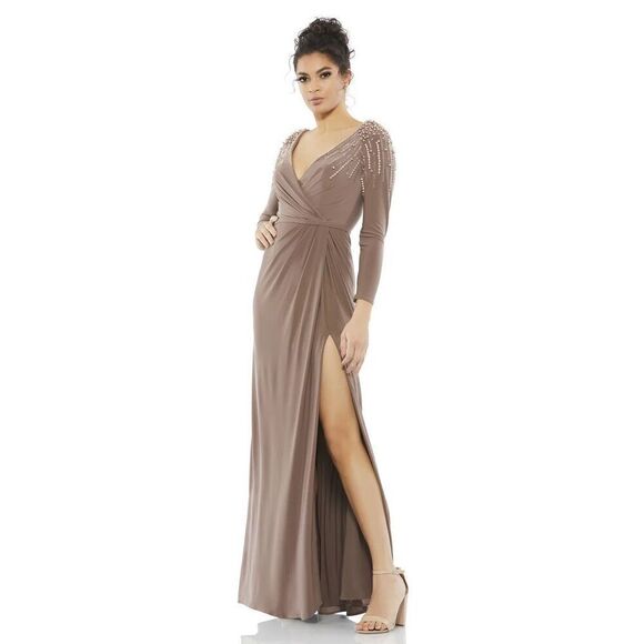Mac Duggal NWT Faux Wrap Jersey Gown w/Embellished Accents in Mocha Size 2 - Picture 3 of 7